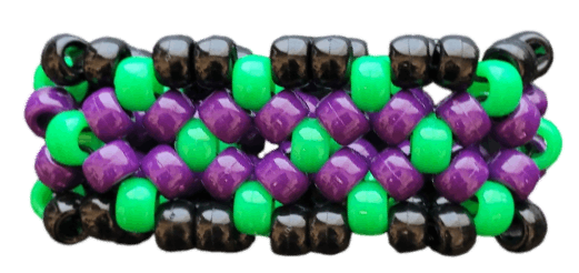 a green, purple and black kandi X-cuff.