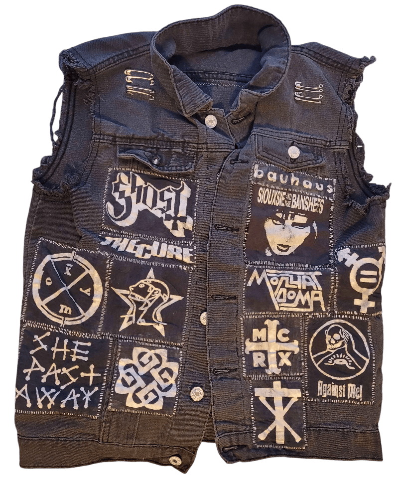 A photo of a vest covered in band patches.