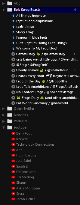 a screenshot of a feed reader app showing several folders full of various feeds from different websites