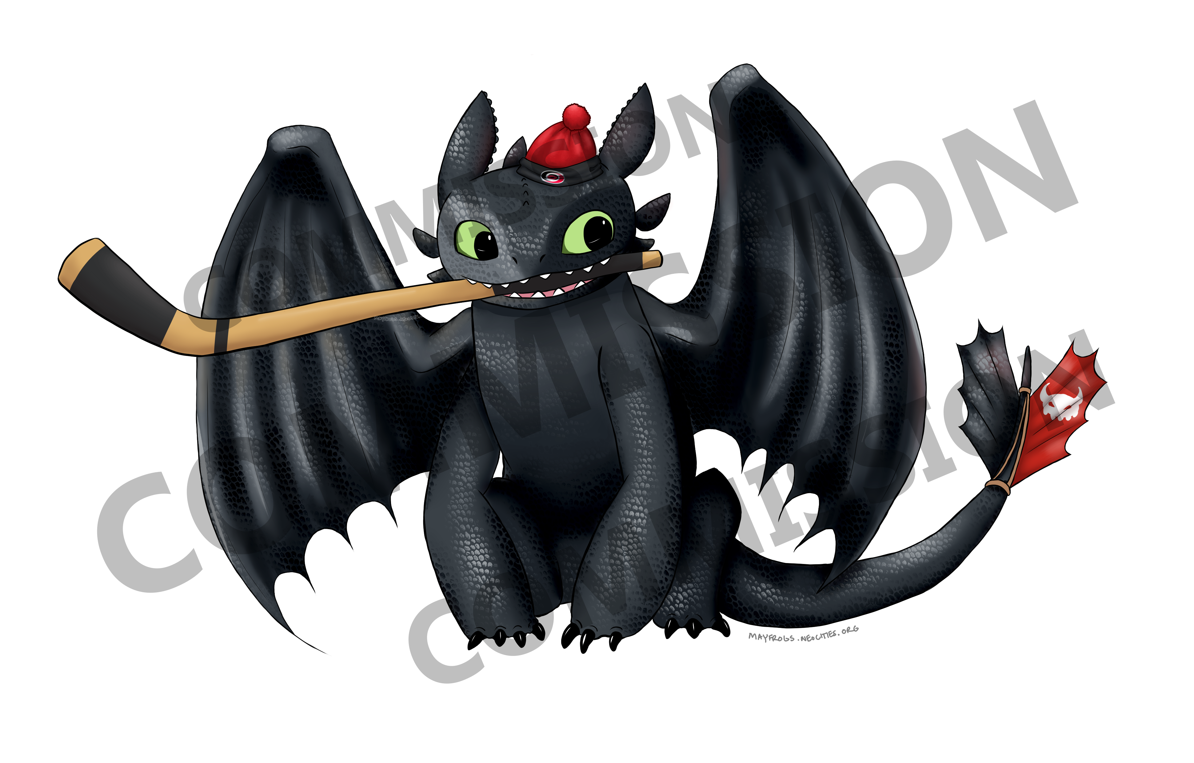 a drawing of Toothless from How to Train Your Dragon, wearing a Carolina Hurricanes hat and holding a hockey stick in his mouth.